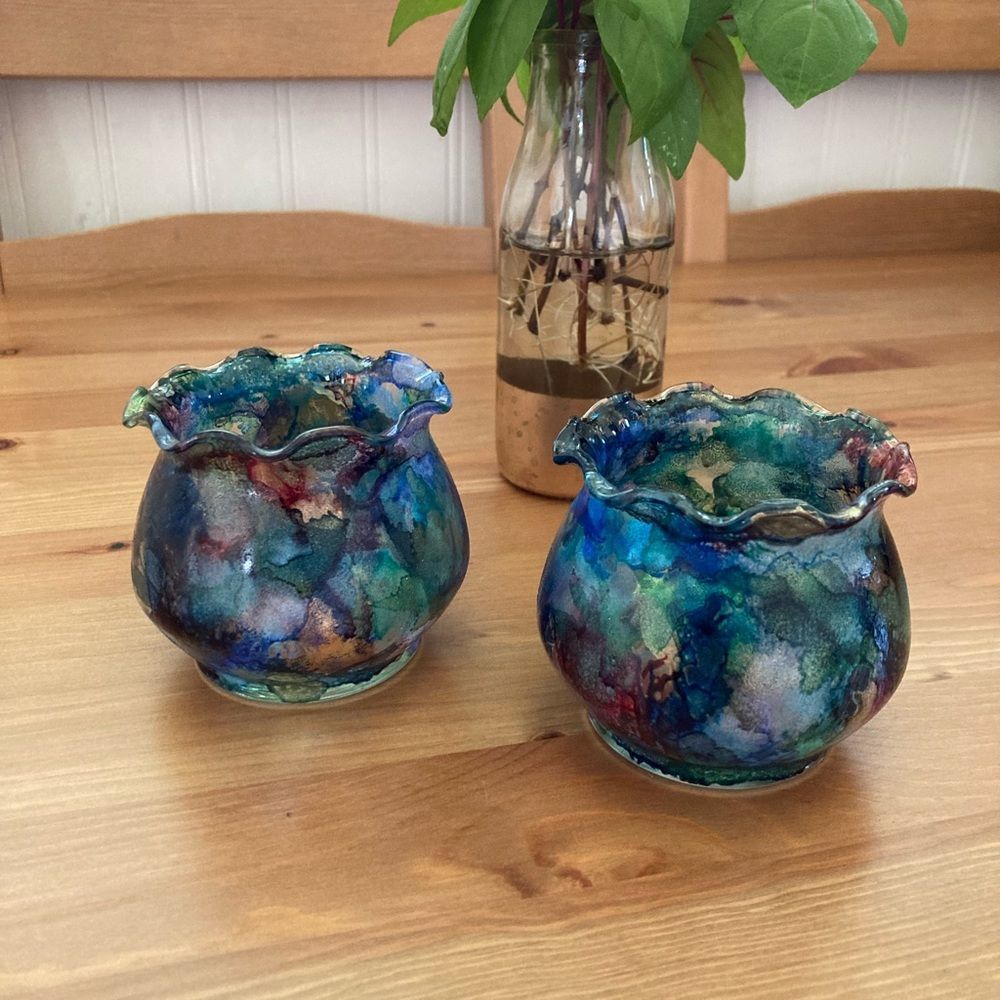 New Hand Painted Glass Tealight Holders Colorful Alcohol Ink - Set of 2 - Picture 6 of 7